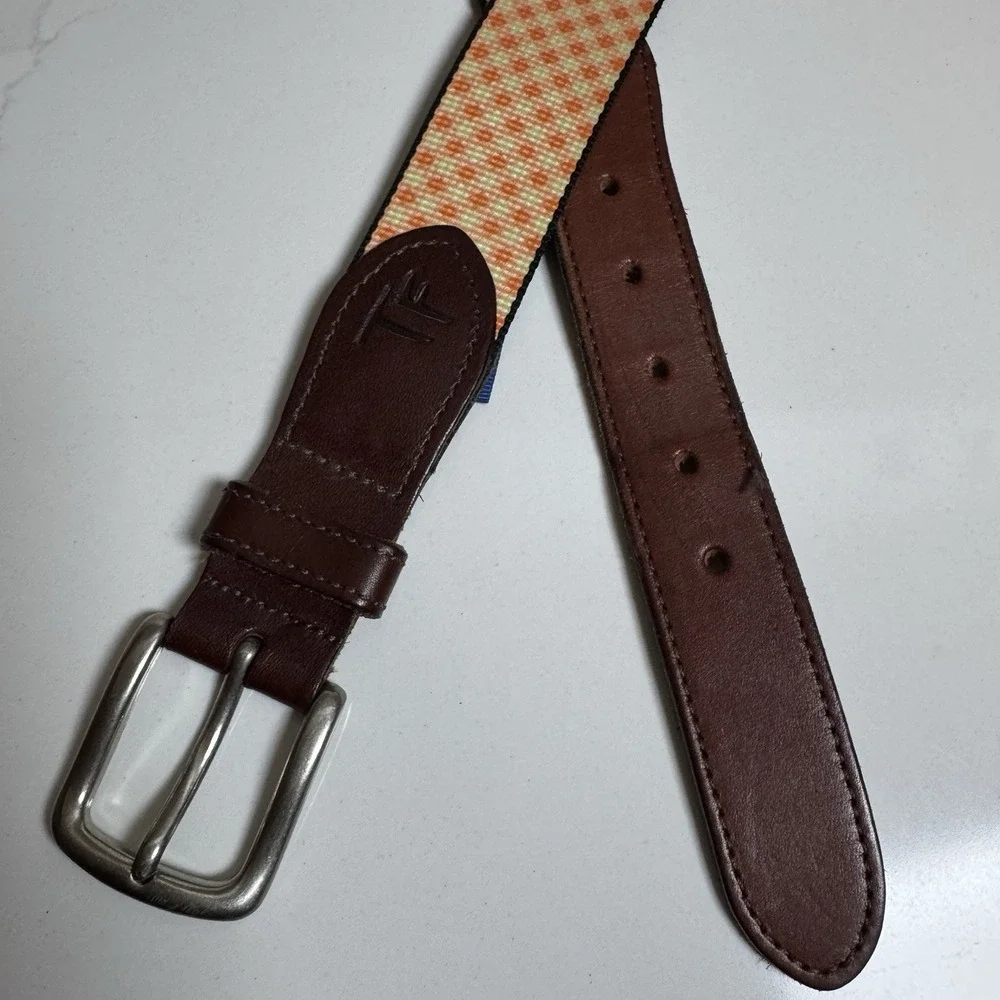 Tucker Blair‎ Lobster Gingham Web Belt Mens 36 Orange Blue Preppy Leather Trim